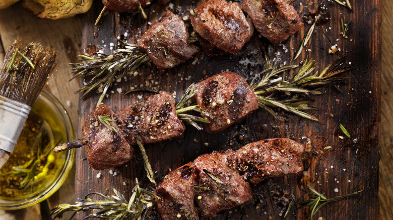 Steak kabobs on rosemary skewers