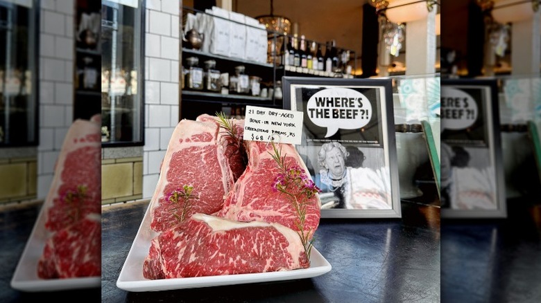 Raw steak on display