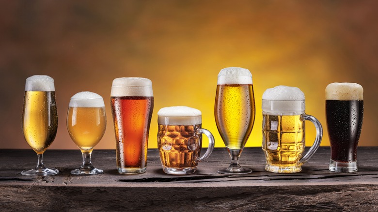 Seven different types of beer in glasses