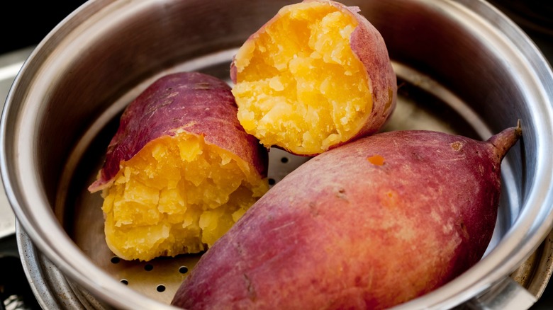 Steaming whole sweet potatoes