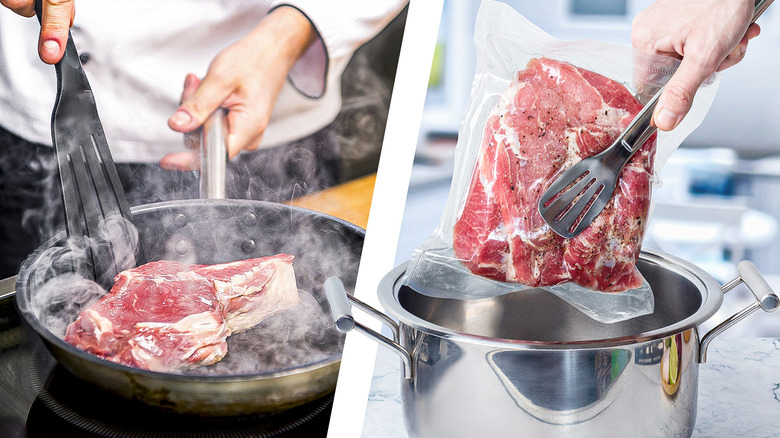 Steamed steak and sous vide steak side by side