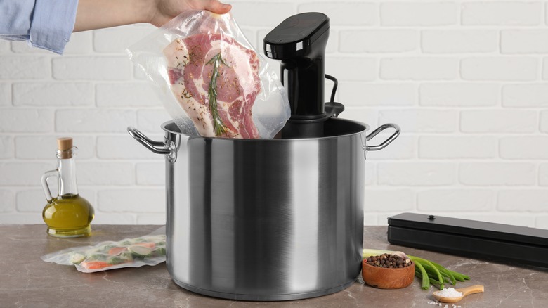 Hand adding bagged raw steak to a sous vide pot