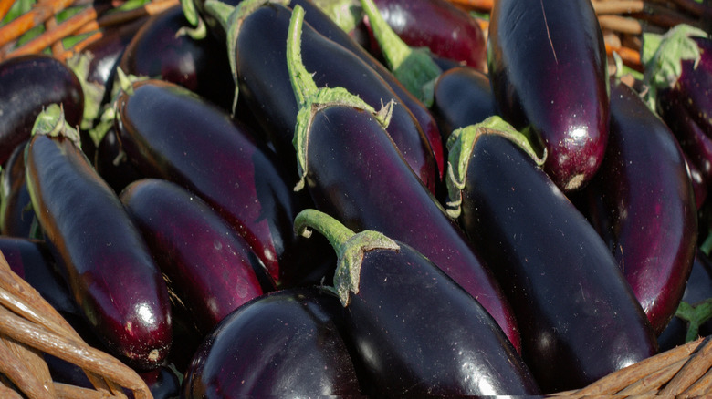 A basket full of eggplants