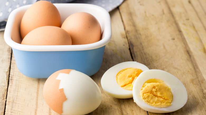 Sliced hard boiled eggs on a table