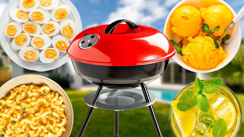 Grill, eggs, ice cream, a cocktail, and pasta