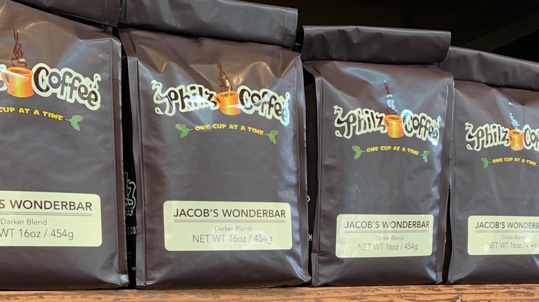 Bags of Philz Coffee on shelf