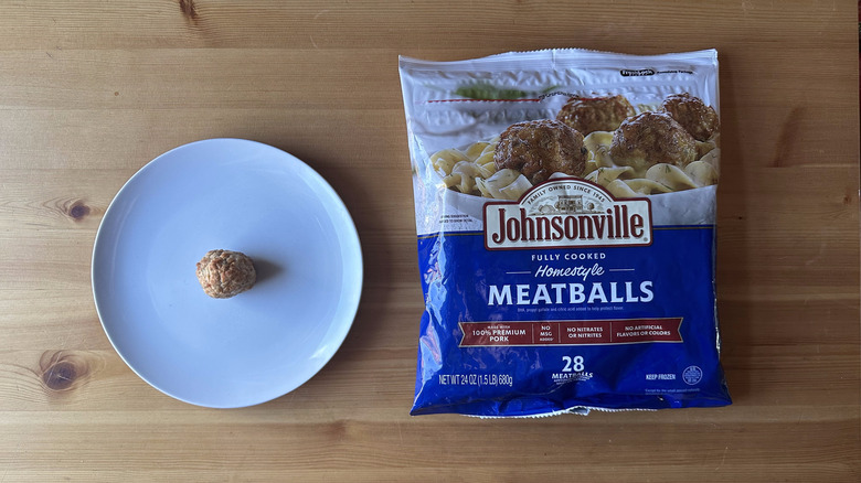 Johnsonville meatballs bag and meatball on white plate