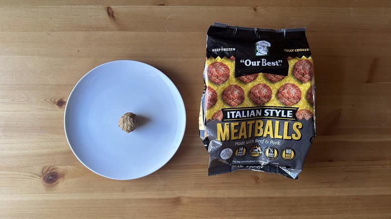 Our Best Italian Style meatballs bag and meatball on white plate