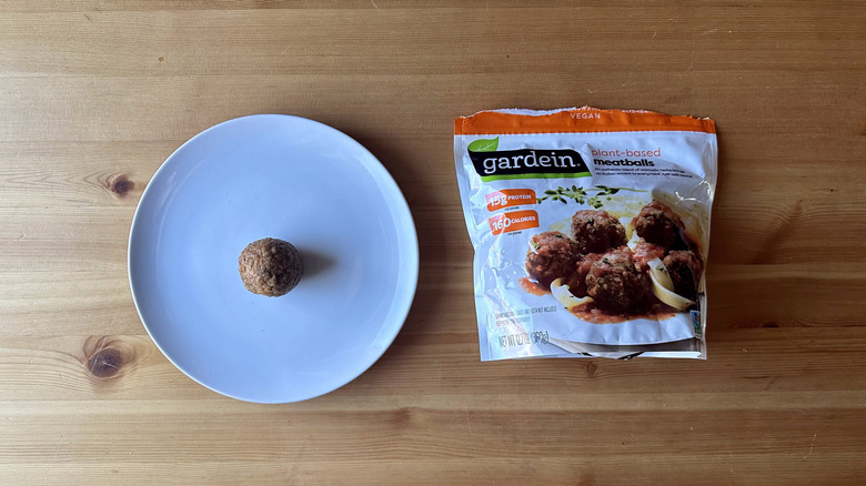 Gardein meatballs bag and meatball on white plate