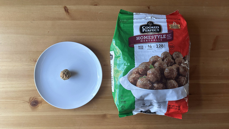 Cooked Perfect meatballs bag and meatball on white plate