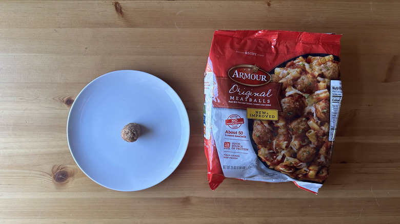 Armour meatballs bag and meatball on white plate
