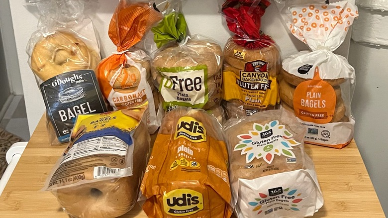 Group of gluten-free bagels in their packages on a table