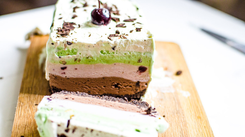 Sliced spumoni on cutting board