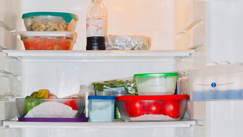 covered leftovers in fridge