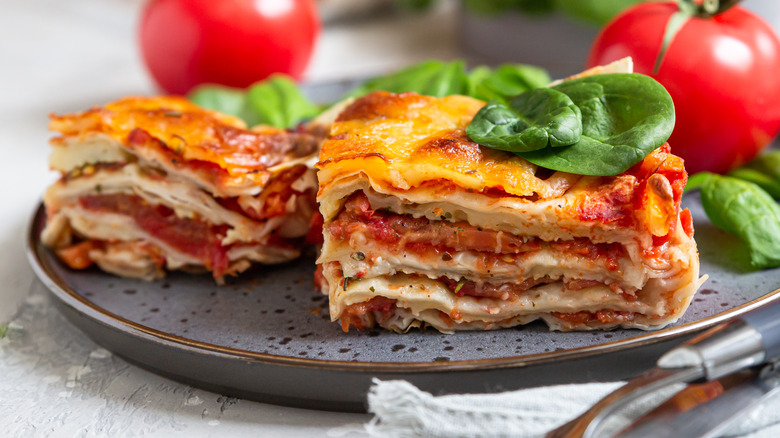 piece of lasagna on ceramic plate