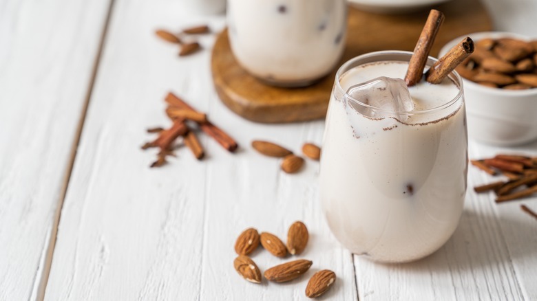 horchata with almonds and cinnamon sticks