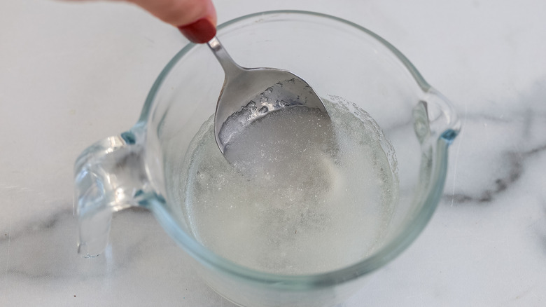 Gelatin and water mixed in a measuring cup