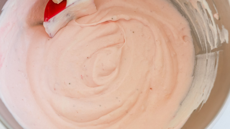 Strawberry Bavarian cream in a stand mixer bowl