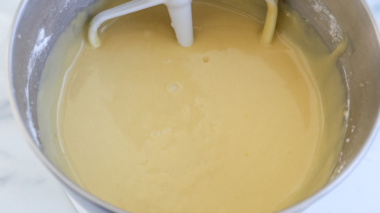 Cake batter in a stand mixer bowl