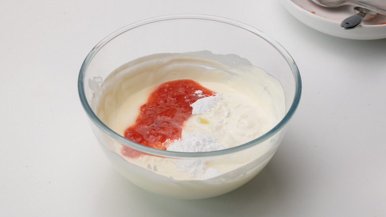 strawberry yogurt fruit fool ingredients in mixing bowl