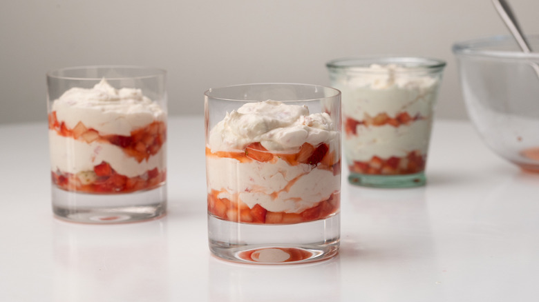 strawberry fruit fools layered in glasses