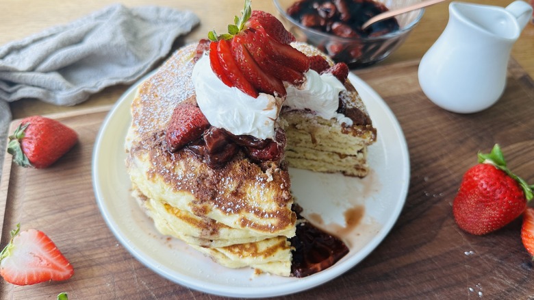 stack of strawberry balsamic pancakes