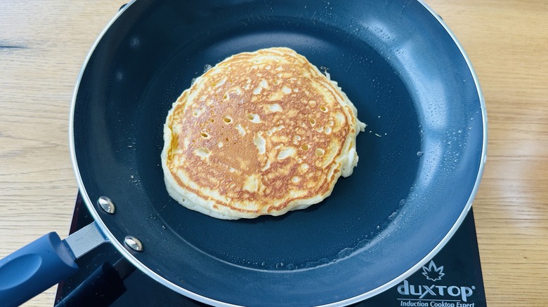 cooked pancake in pan