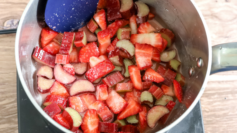strawberry and rhubarb pieces in a pot