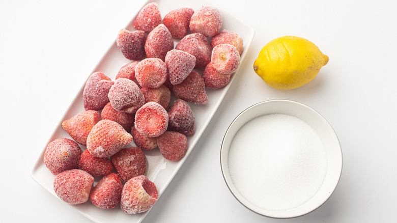 strawberry sorbet ingredients on counter