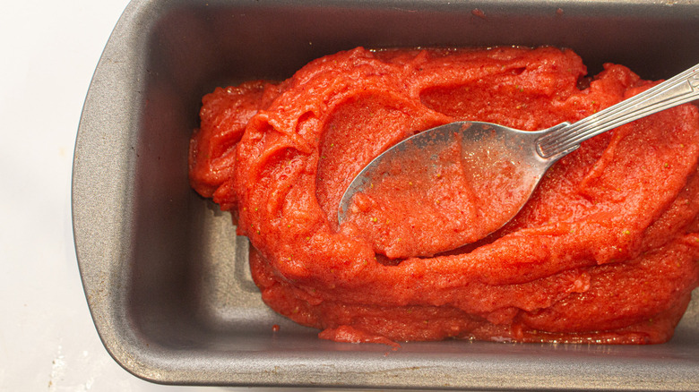 strawberry sorbet in baking pan