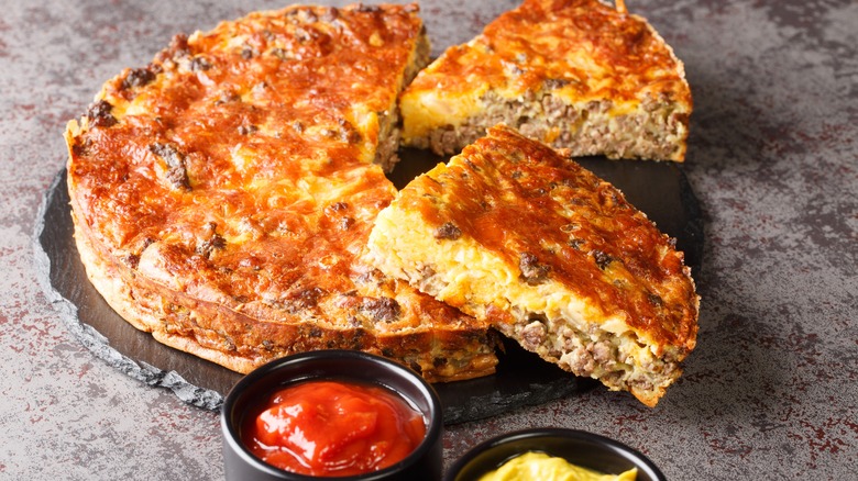 cheeseburger pie with ketchup and mustard