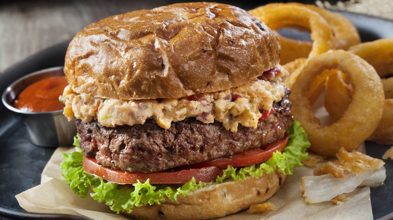 Pimento cheese burger with onion rings
