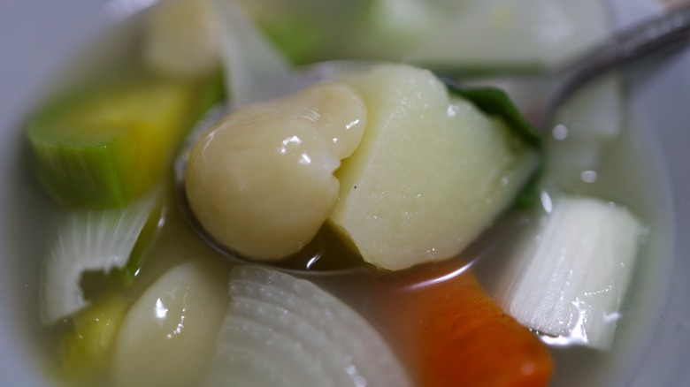 A close-up of sujebi noodles and vegetables