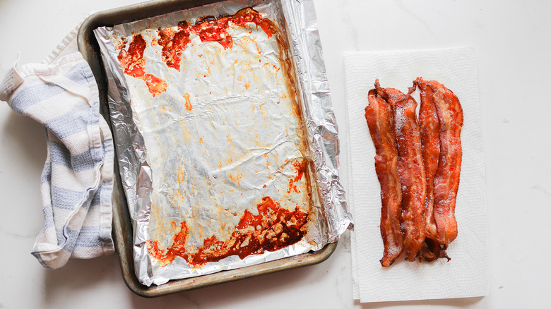 Tray of cooked bacon slices