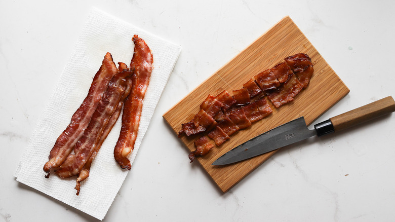 Bacon chopped on cutting board