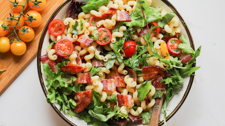 Assembled bowl of bacon pasta salad