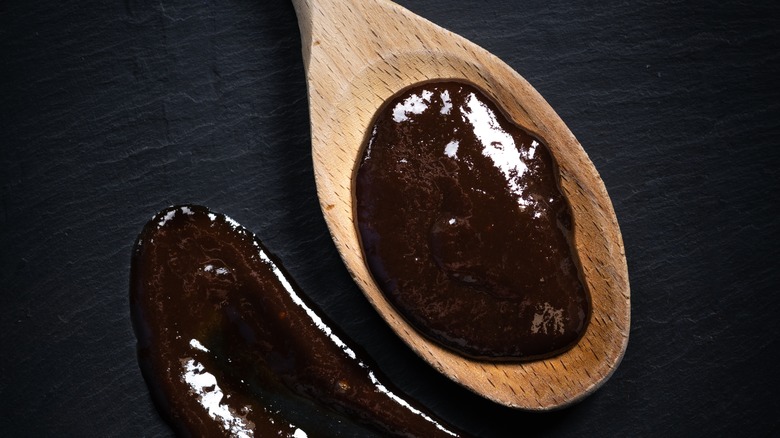 hoisin sauce on wooden spoon