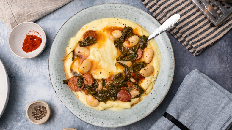 lemony polenta with chorizo stew