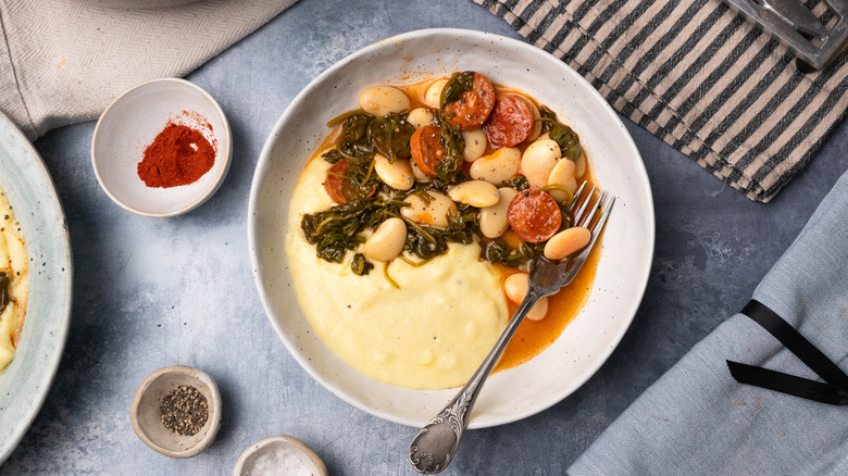 lemony polenta with chorizo stew