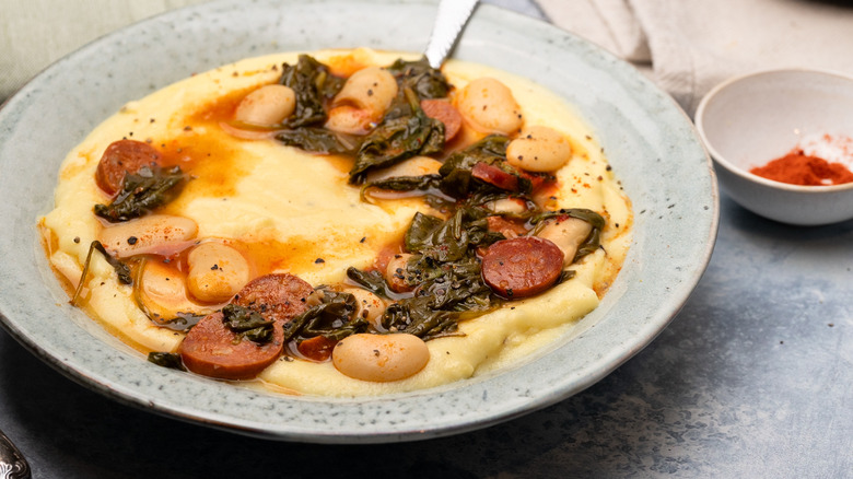 lemony polenta with chorizo stew