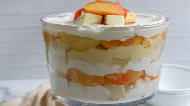 peaches and cream trifle on a table