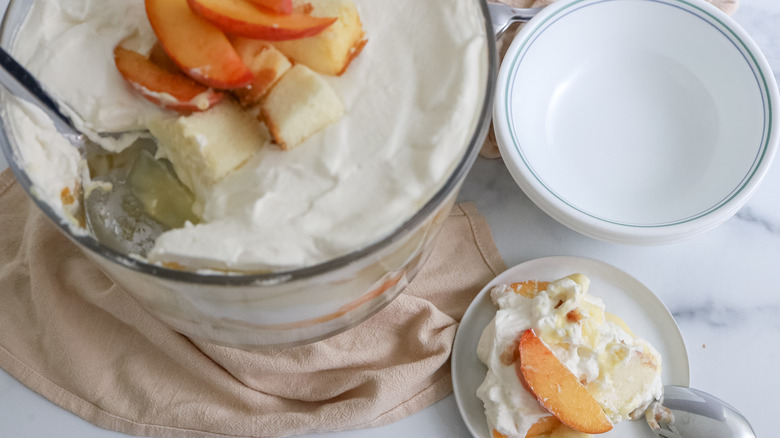 peaches and cream trifle on a table