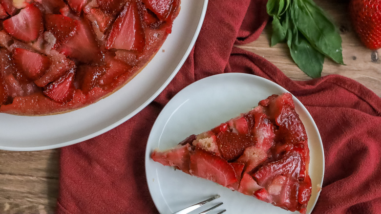 strawberry basil upside down cake on a table