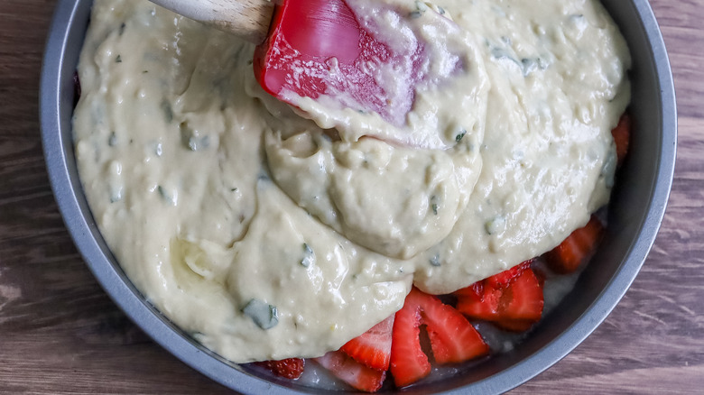 batter being spread in a pan