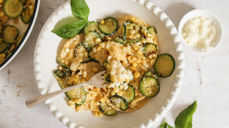 corn ravioli with zucchini basil