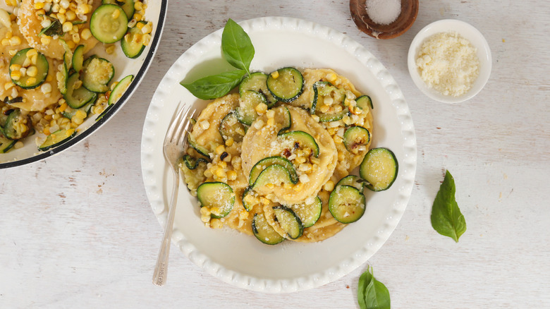 corn zucchini ravioli in bowl