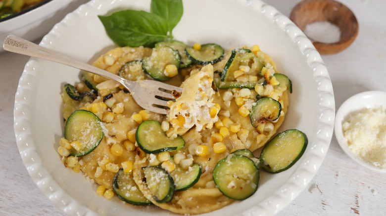 corn zucchini basil ravioli bowl