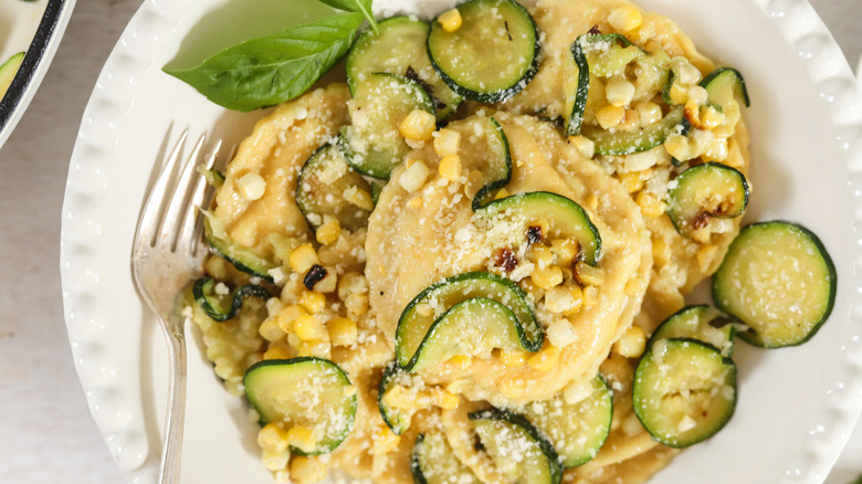 corn zucchini basil ravioli closeup