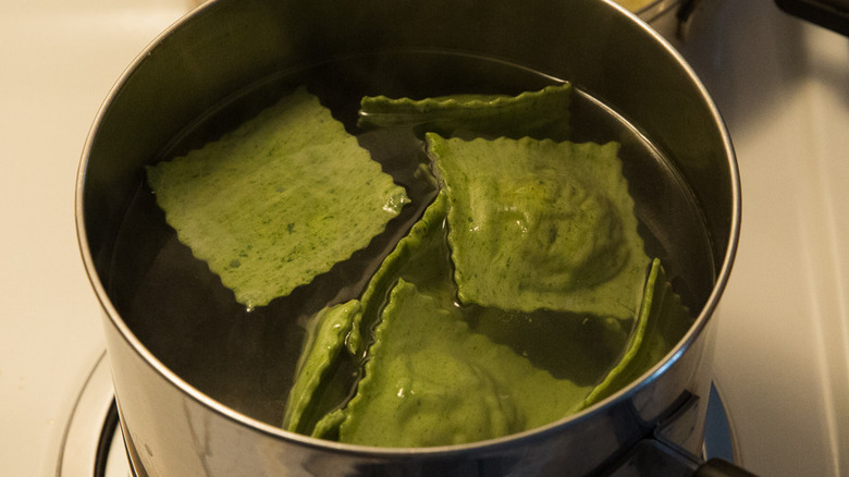 close up of boiling ravioli 