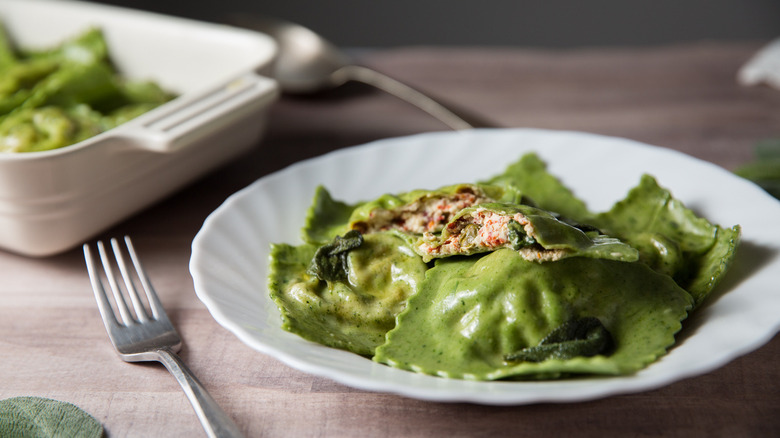 spinach ravioli served on plate 